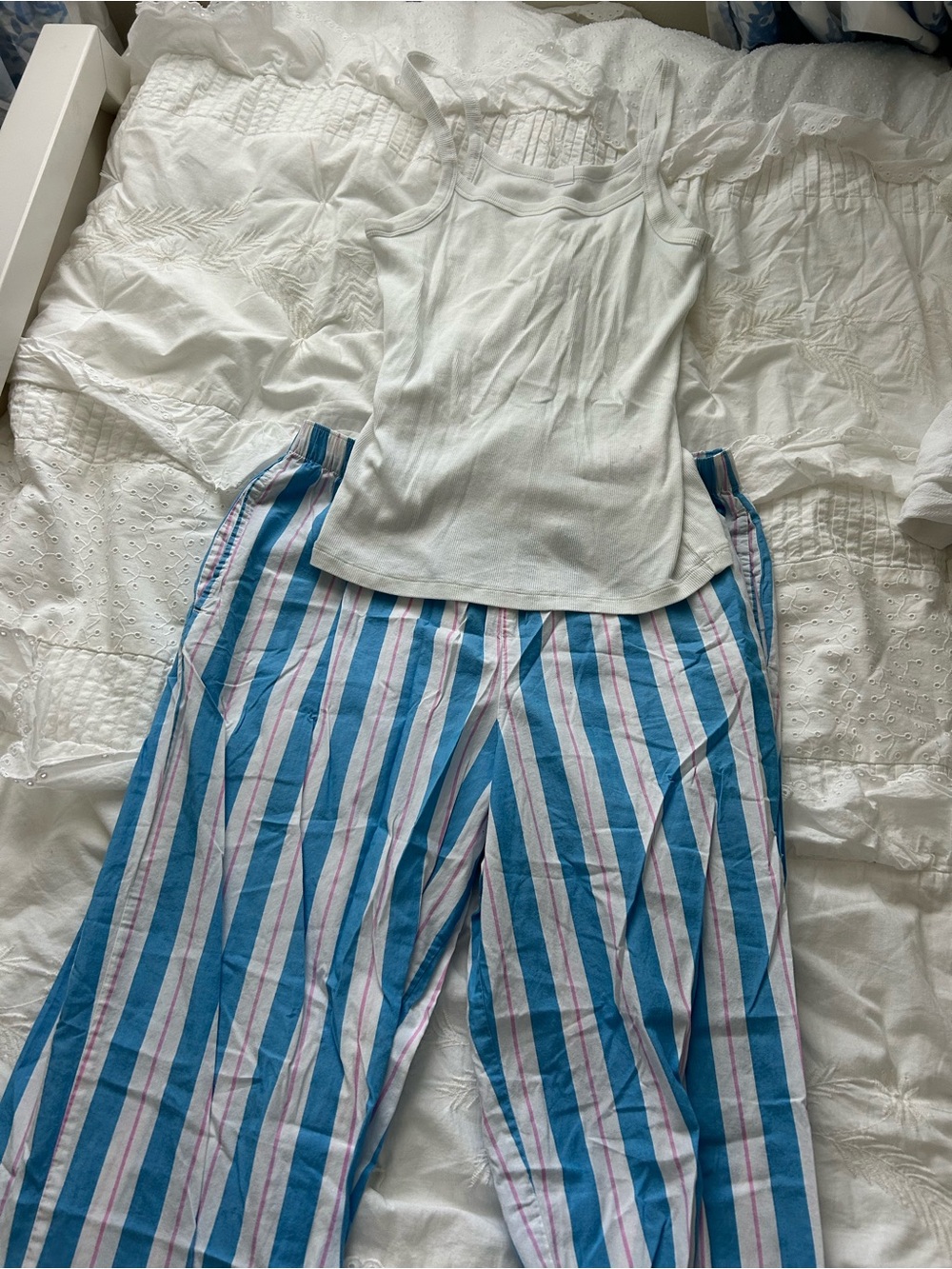 Victoria's Secret White Tank Top with Blue and Pink Striped Pajama Pants